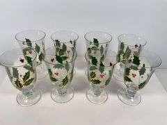 8 Hand Painted Glass Goblets with Holly Design