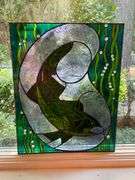 Stained Glass Panel Featuring Fish Design with Green and Blue Accents