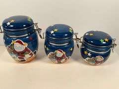 3 Santa-Themed Ceramic Canisters With Clamp Lids