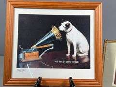Two Framed Prints Depicting ‘His Master’s Voice’ with Gramophone by Victor