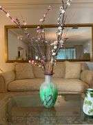 Frosted Glass Vase with Green and Purple Design, 15.5” Tall