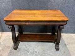 Wooden Oak Desk with Decorative Base and Single Drawer