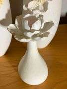 Three White Ceramic Vases with Applied Floral Detailing