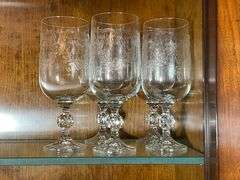 Five Etched Glass Goblets with Faceted Stems