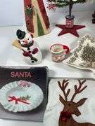 Holiday Decor Lot with Santa Figurines, S&P Shakers, and Textiles