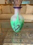 Frosted Glass Vase with Green and Purple Design, 15.5” Tall