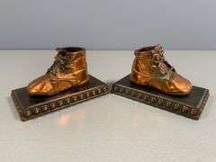 Copper-Finished Baby Shoe Bookends on Decorative Bases
