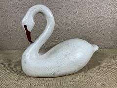Handcrafted White Swan Wooden Figurine with Red Accents