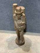 Barefoot Traveler Hand-Carved Wooden Statue of Man Carrying Baskets