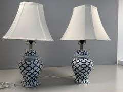 Ceramic Table Lamps with Blue Geometric Pattern and White Shades
