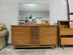 Mid-Century Swedish Walnut Triple Dresser With Mirror and 9 Drawers