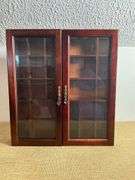 Wooden Display Case With Dual Glass Doors and Divided Compartments