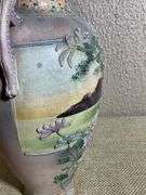 Japanese Ceramic Vase with Floral Relief and Landscape Scene