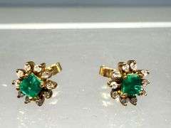 18K Gold Emerald and Diamond Earrings with Butterfly Backs