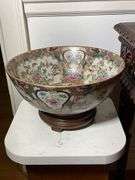 Porcelain Decorative Bowl with Floral and Figurative Motifs on Wooden Base