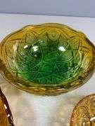 Three Amber and Green Pressed Glass Bowls