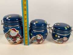 3 Santa-Themed Ceramic Canisters With Clamp Lids