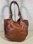 Liz Claiborne Brown Leather Tote Bag With Woven Accents