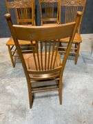 Five Wooden Chairs with Embossed Leather Looking Seats and Decorative Backs