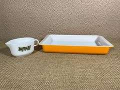 Pyrex Milk Glass Gravy Boat and Orange Baking Dish