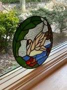 Stained Glass Oval Panel Featuring Swan and Floral Design