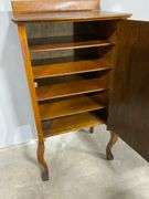 Vintage Wood Music Cabinet With Musical Motif and Interior Shelving