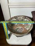 Porcelain Decorative Bowl with Floral and Figurative Motifs on Wooden Base