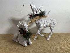 Two White Textured Reindeer Figurines with Holiday Accents