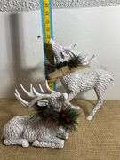 Two White Textured Reindeer Figurines with Holiday Accents