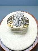 14K Gold Cluster Diamond Ring with Three-Band Design