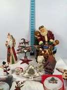 Holiday Decor Lot with Santa Figurines, S&P Shakers, and Textiles