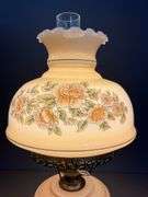 Hand-Painted Electric Hurricane Lamp with Floral Design and Metal Base