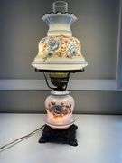 Vintage Electric Hurricane Lamp with Hand-Painted Floral Design and Glass Chimney