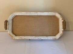 Wooden Tray With Handles Featuring Distressed Paint and Burlap Base