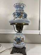 Vintage Electric Hurricane Lamp with Hand-Painted Floral Design and Glass Chimney