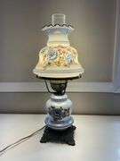 Vintage Electric Hurricane Lamp with Hand-Painted Floral Design and Glass Chimney