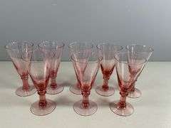 8 Pink Glass Goblets with Decorative Stems