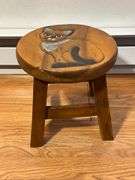 Wooden Stool with Painted Cat Design and Metal Accents
