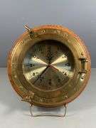 Quartz Wall Clock With Brass Porthole-Style Frame and Wood Backing