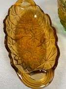 Three Amber and Green Pressed Glass Bowls