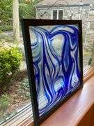 Framed Blue and White Swirled Stained Glass Panel