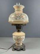 Hand-Painted Electric Hurricane Lamp with Floral Design and Metal Base