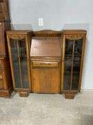 Oak Secretary Desk With Attached Glass Display Cabinets