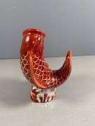 Red Ceramic Fish-Shaped Vase with White Interior and Scaled Detailing