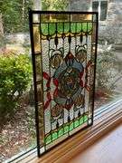 Stained Glass Panel With Floral and Geometric Design
