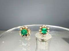 18K Gold Emerald and Diamond Earrings with Butterfly Backs