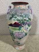 Japanese Ceramic Vase with Floral Relief and Landscape Scene