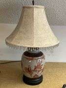 Table Lamp With Ceramic Base Depicting Figurative Scene and Embellished Shade