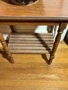Wooden Side Table with Slatted Lower Shelf and Turned Legs