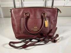 Coach Burgundy Pebbled Leather Zip-Top Tote Bag With Dual Handles and Tag